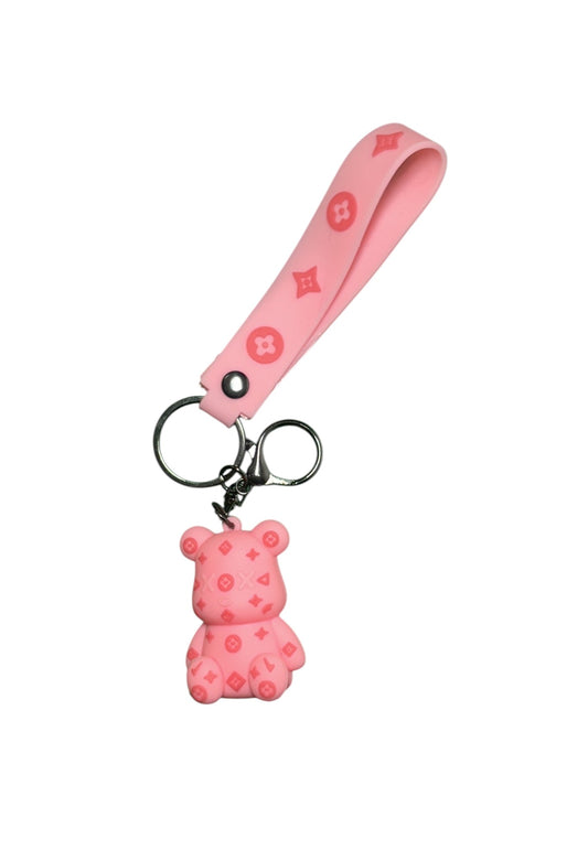 Cute Pink Bear Keychain with Wristlet Strap - Adorable Bag Charm & Key Holder