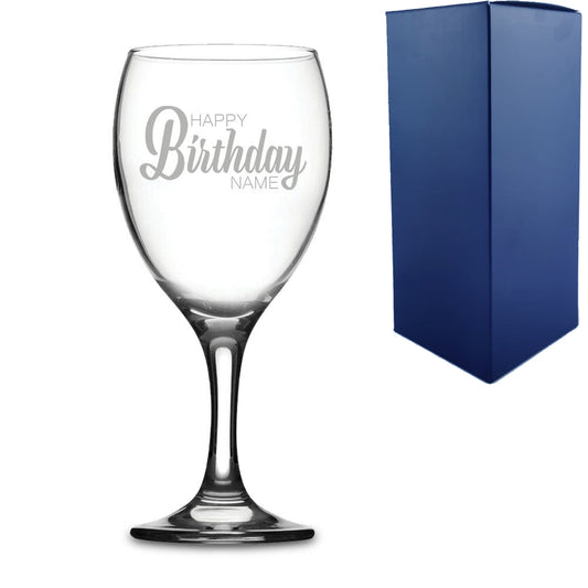 Engraved Wine Glass with Happy Birthday Name Design Image 1