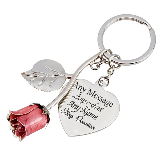 Engraved Silver Plated Pink Rose Keyring with Heart Pendant Image 1