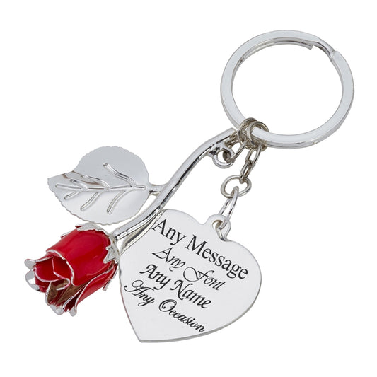 Engraved Silver Plated Red Rose Keyring with Heart Pendant Image 1
