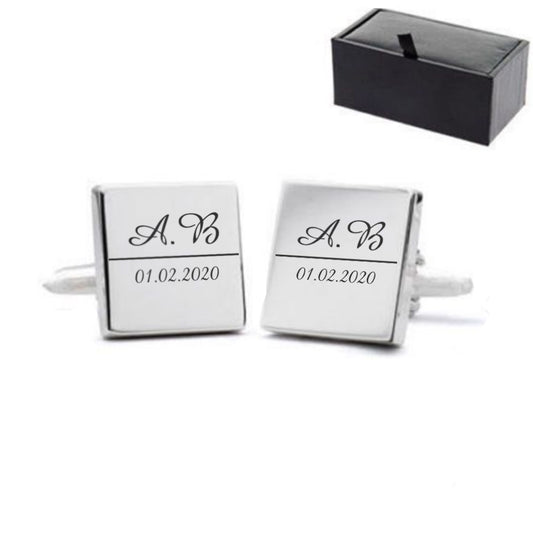 Engraved Square Cufflinks with Initial and Date Design Image 1