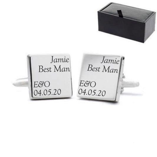 Engraved Square Cufflinks with Name and Role Wedding Design Image 1