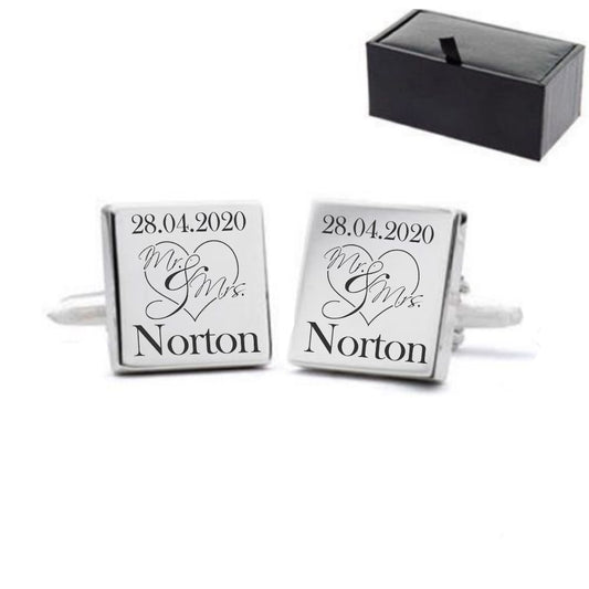 Engraved Square Cufflinks with Mr and Mrs Wedding Design Image 1