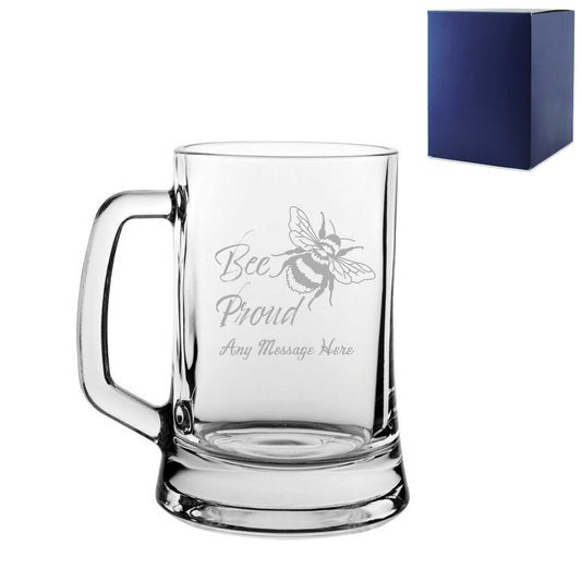 Personalised Engraved Tankard Beer Mug Stein, Bee Proud, LGBTQ Any Message Design Image 1