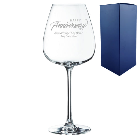 Engraved Happy Anniversary Wine Glass, Any Message, 12oz Cepages, Script Design Image 1