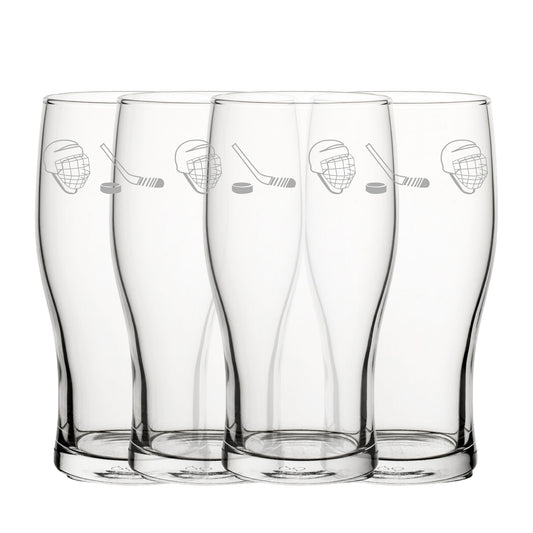 Engraved Ice Hockey Pattern Pint Glass Set of 4, 20oz Tulip Glasses Image 1