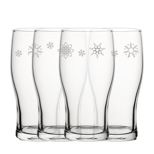 Engraved Snowflake Pattern Tulip Pint Glass Set of 4 20oz Glasses Image 1