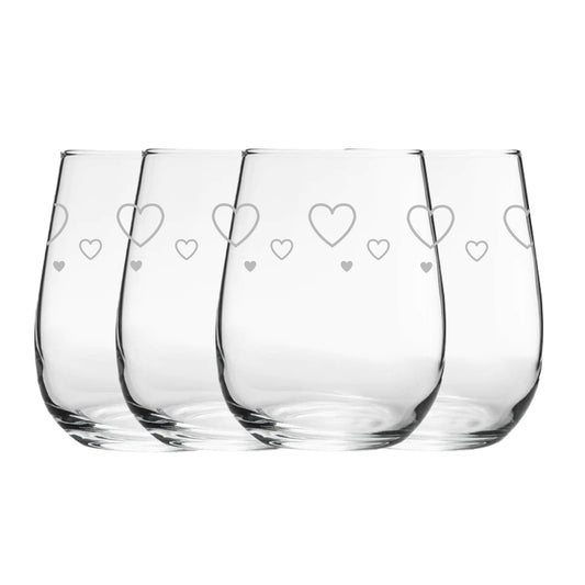 Engraved Hearts Pattern Set of 4 Gaia Stemless Wine 12oz Glasses Image 1