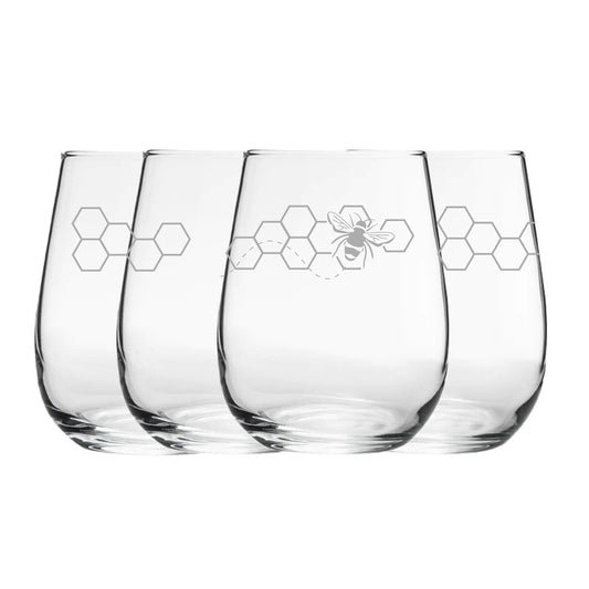 Engraved Bees Pattern Set of 4 Gaia Stemless Wine 12oz Glasses Image 1