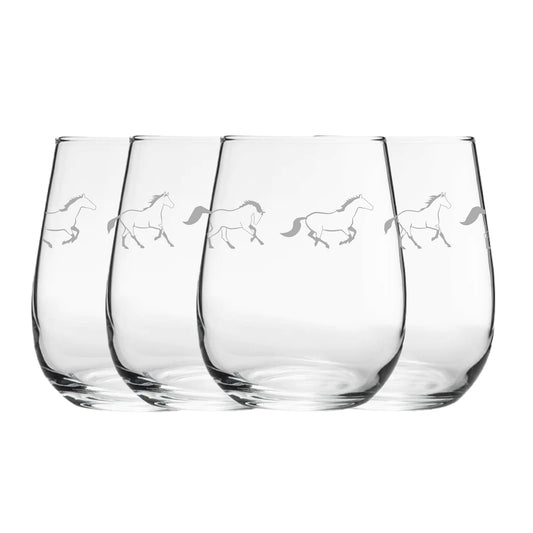 Engraved Horse Pattern Set of 4 Gaia Stemless Wine 12oz Glasses Image 1
