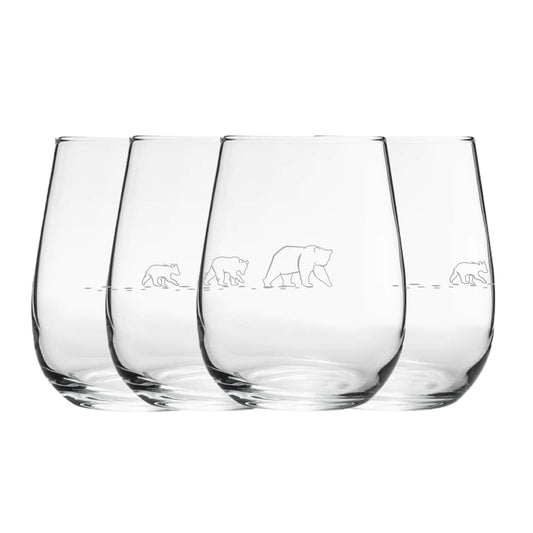 Engraved Bear Pattern Set of 4 Gaia Stemless Wine 12oz Glasses Image 1