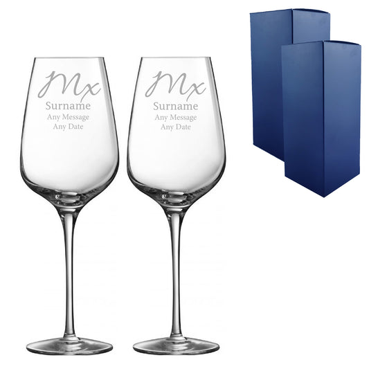 Engraved Gender Neutral Wedding Glasses, Mx and Mx, 15.8oz/450ml, Elegant Font Image 1